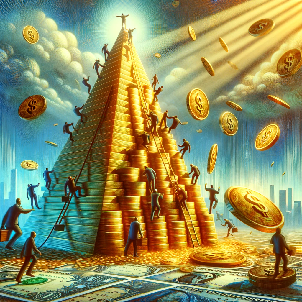 Imagem que representa diversas pessoas escalando uma pirâmide, com moedas caindo do céu, em uma representação de pirâmide financeira.