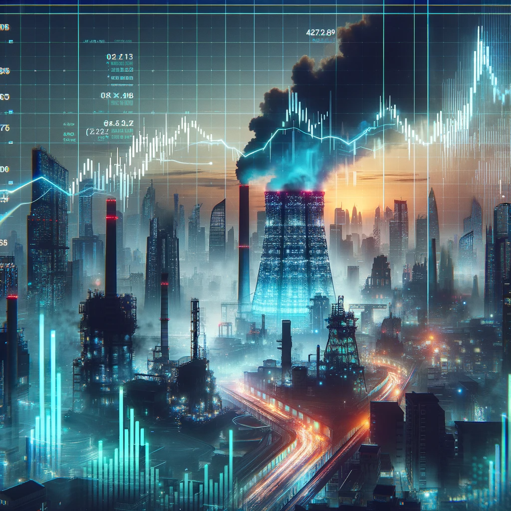 Imagem que representa a poluição industrial em um estilo cyberpunk impactando os investimentos.