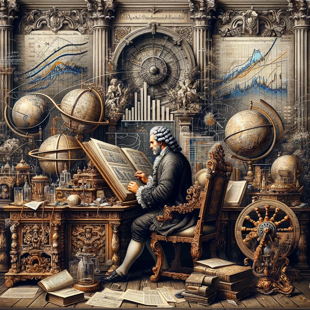 A imagem no estilo barroco foi criada, representando um analista financeiro imerso na análise de modelos quantitativos e estratégias de investimento.