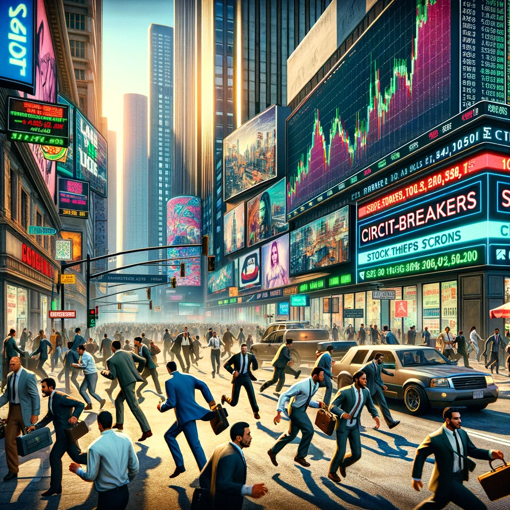 A imagem no estilo do Grand Theft Auto (GTA) foi criada, retratando uma cena agitada de distrito financeiro durante os desafios do mercado fiananceiro em 2020.