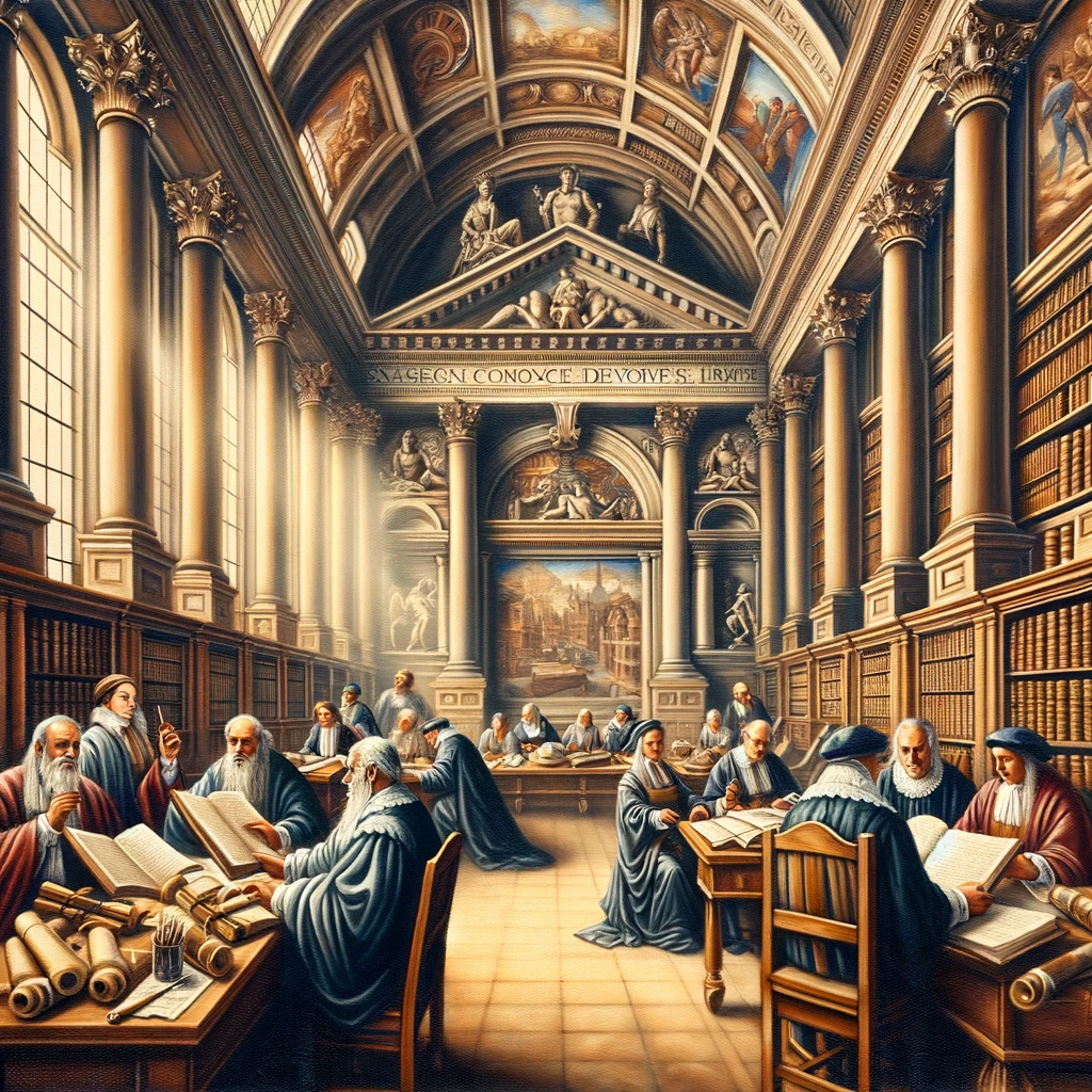 A imagem no estilo Renascentista foi criada, retratando uma cena financeira em um ambiente de aprendizado e análise da eficiência de fundos quantitativos.