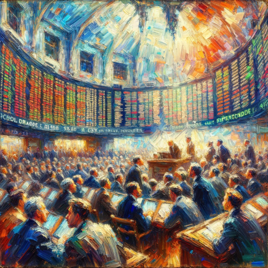 A imagem no estilo impressionista foi criada, retratando a atmosfera agitada de um mercado de ações reagindo a notícias políticas.