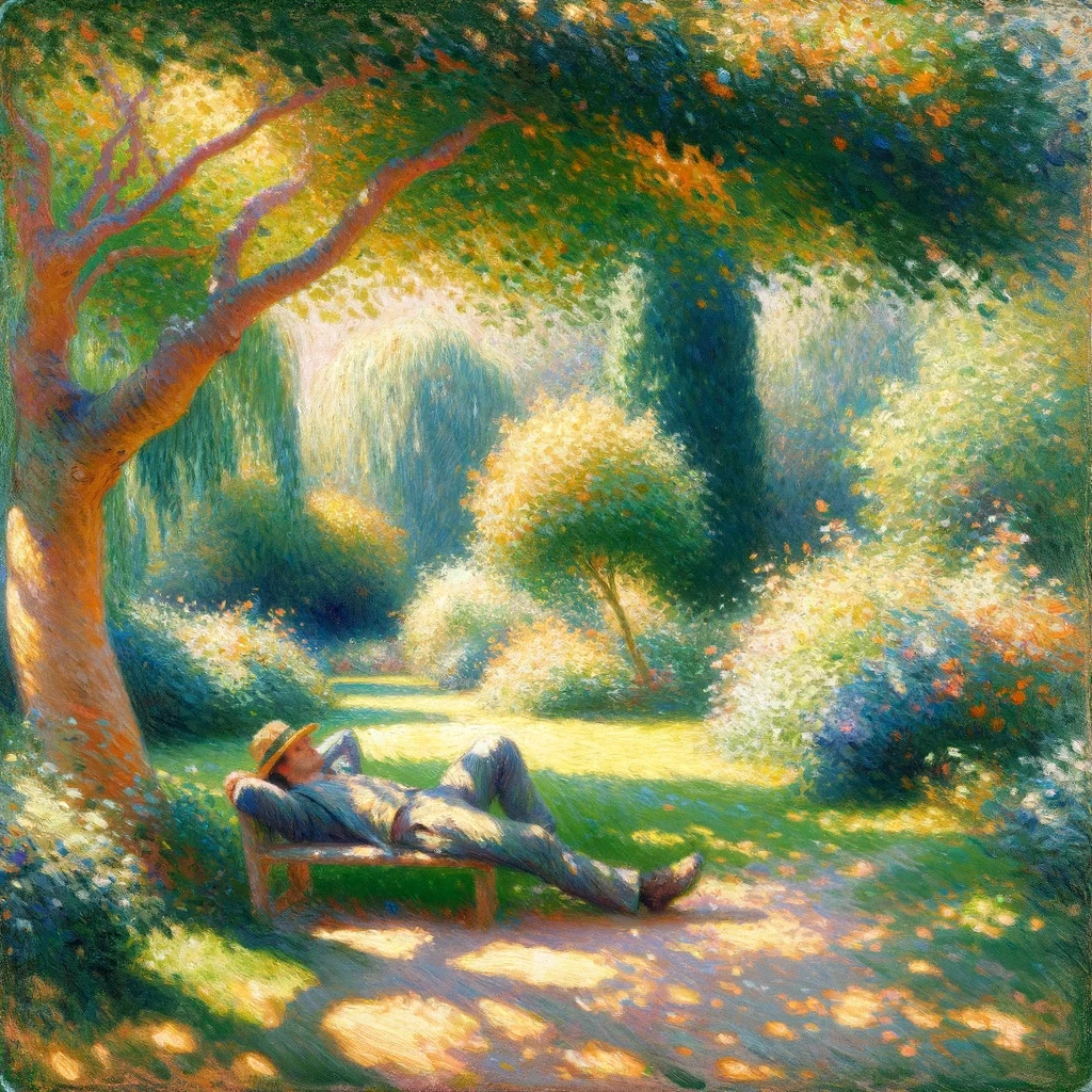 A imagem no estilo impressionista foi criada, retratando um homem deitado confortavelmente sob a sombra de uma árvore, simbolizando o conceito de "Zona de Conforto".